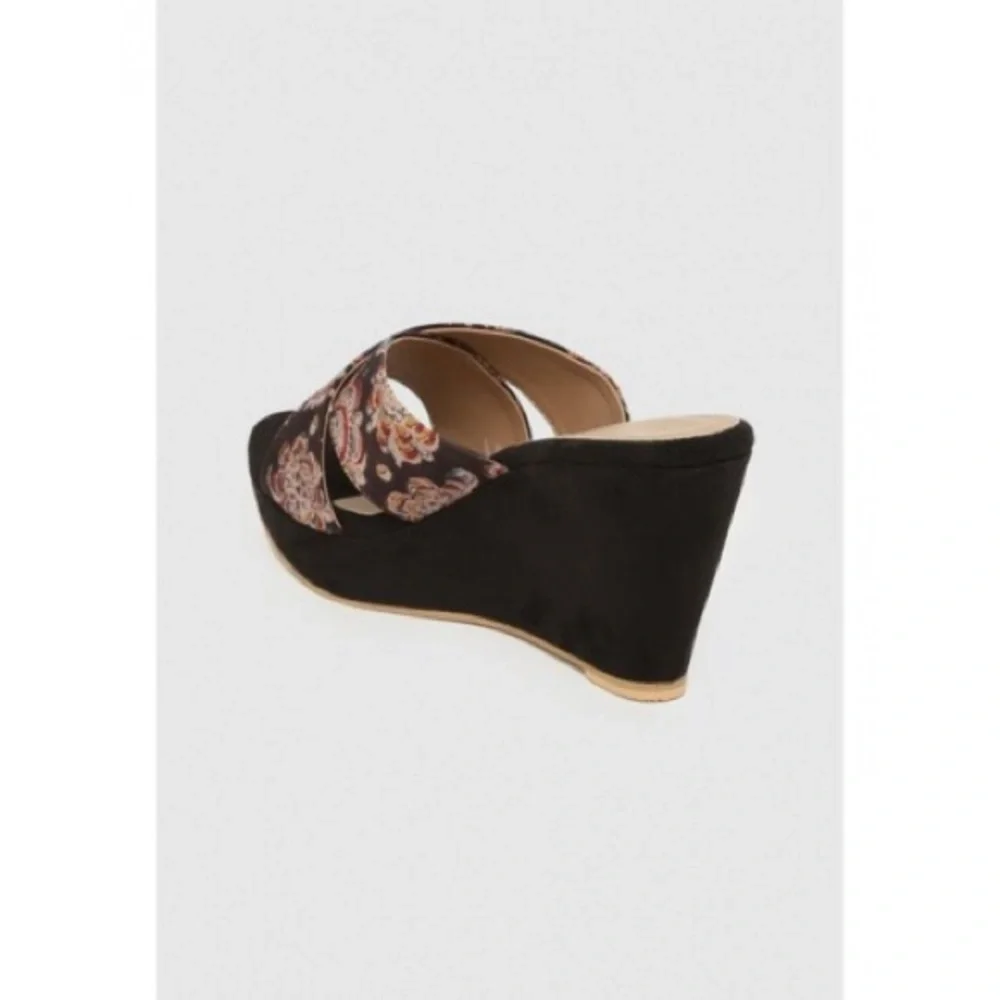 Taavi Black & Beige Ethnic Printed Open Tie Wedges - Picture 8 of 13